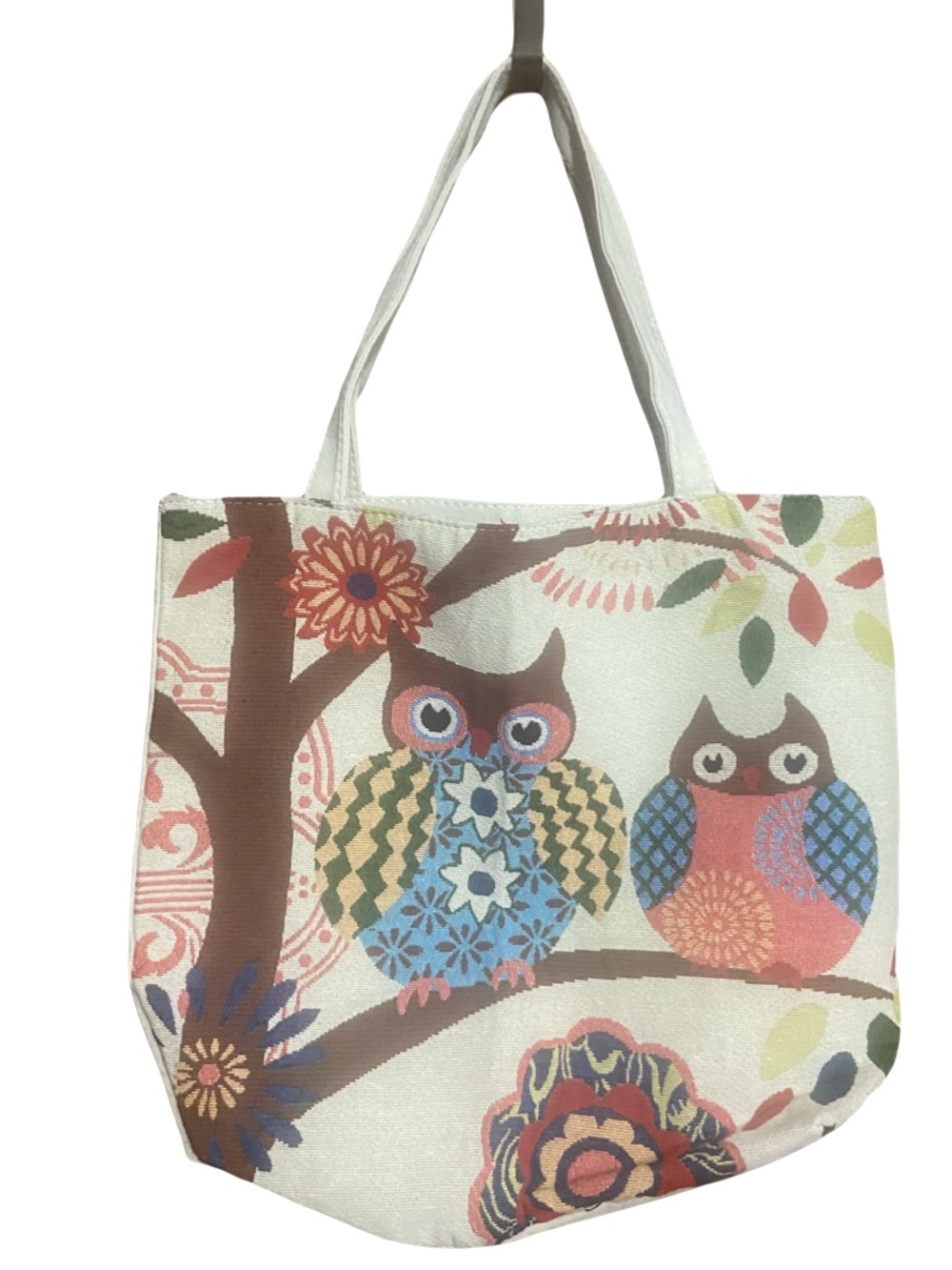 Cream Canvas Tote Bag with Colorful Owl Print